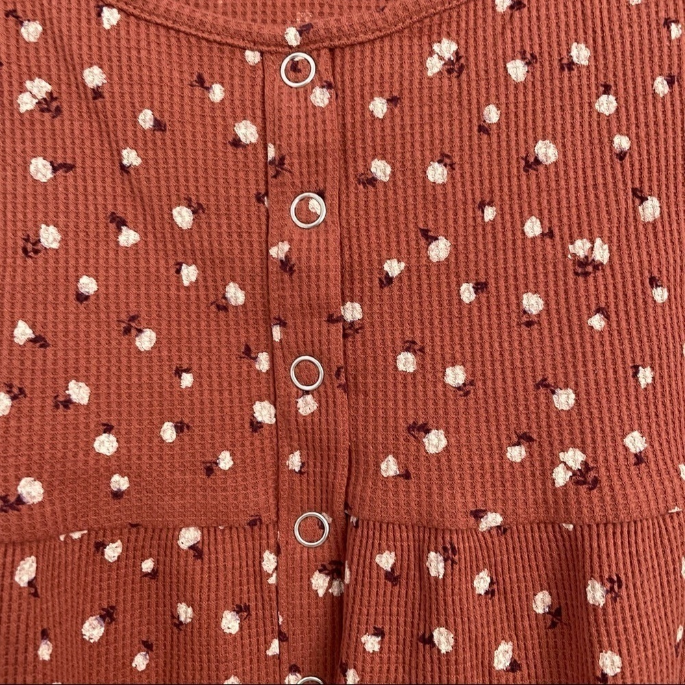 Pink Rose Waffle Knit Rust Orange Floral Prints Crop Top - Picture 2 of 6
